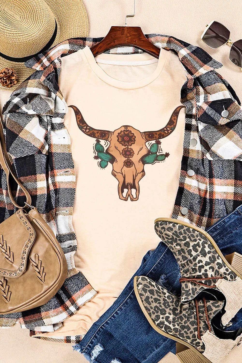 Boho Floral Western Steer Head Graphic Tee