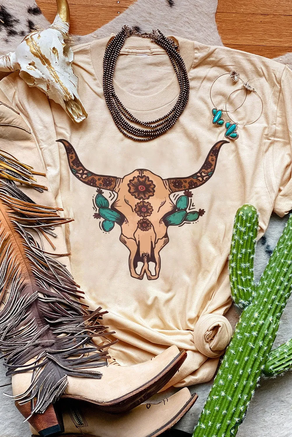 Boho Floral Western Steer Head Graphic Tee