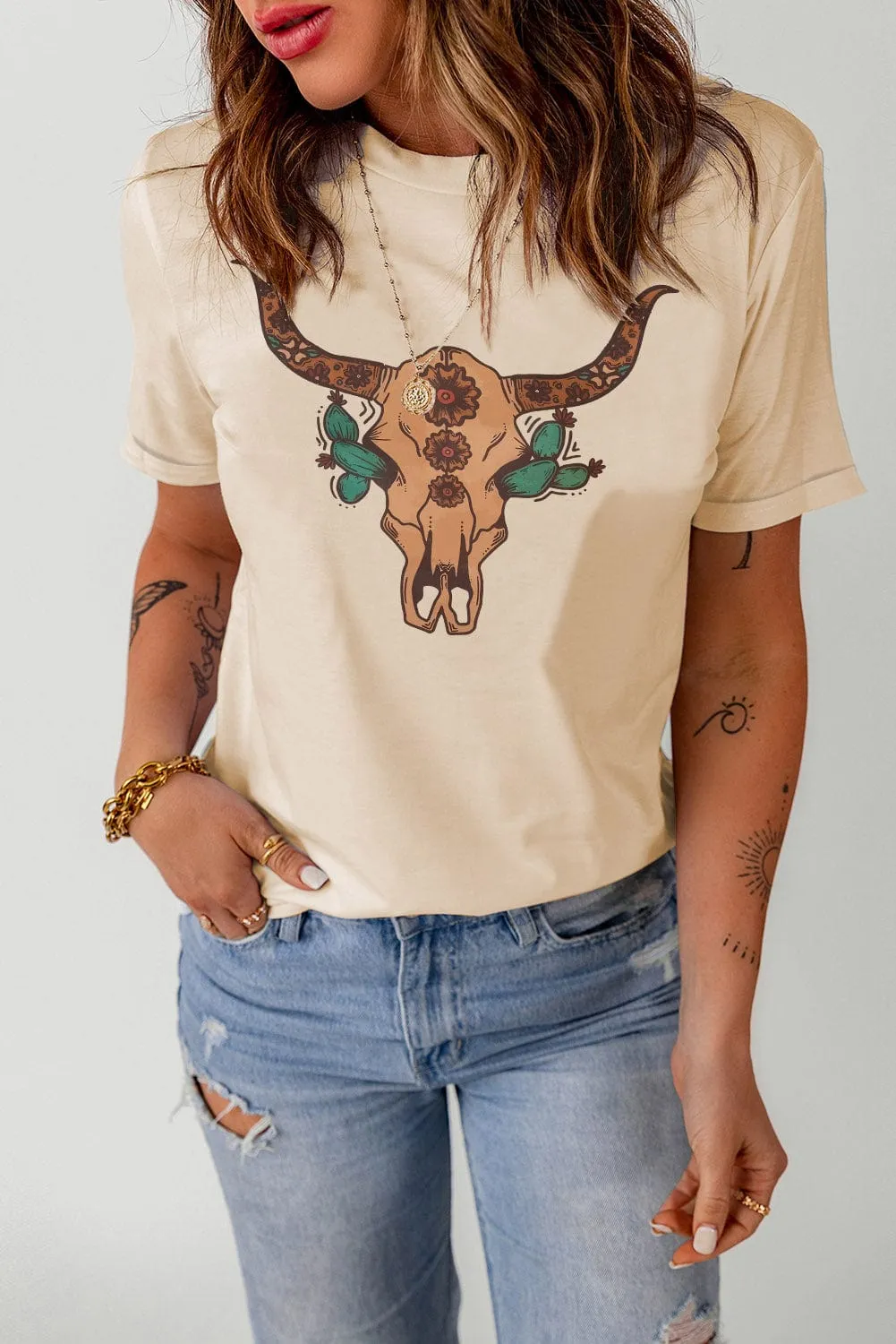 Boho Floral Western Steer Head Graphic Tee