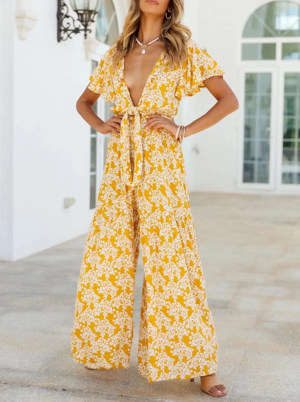 Boho Jumpsuit, Boho Romper, Cyan in Yellow