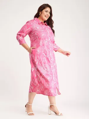 Button Down Floral Shirt Dress - Pink And White