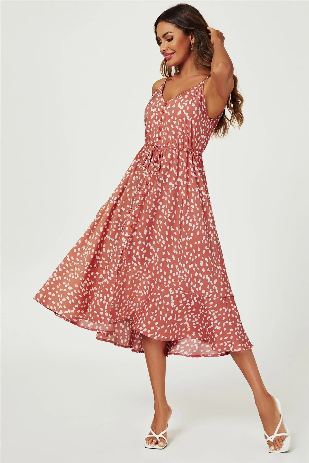 Button Down High Low Strappy Dress In Dusty Red