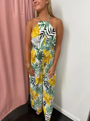 Cabo Tropical Print Halter Jumpsuit- Off White