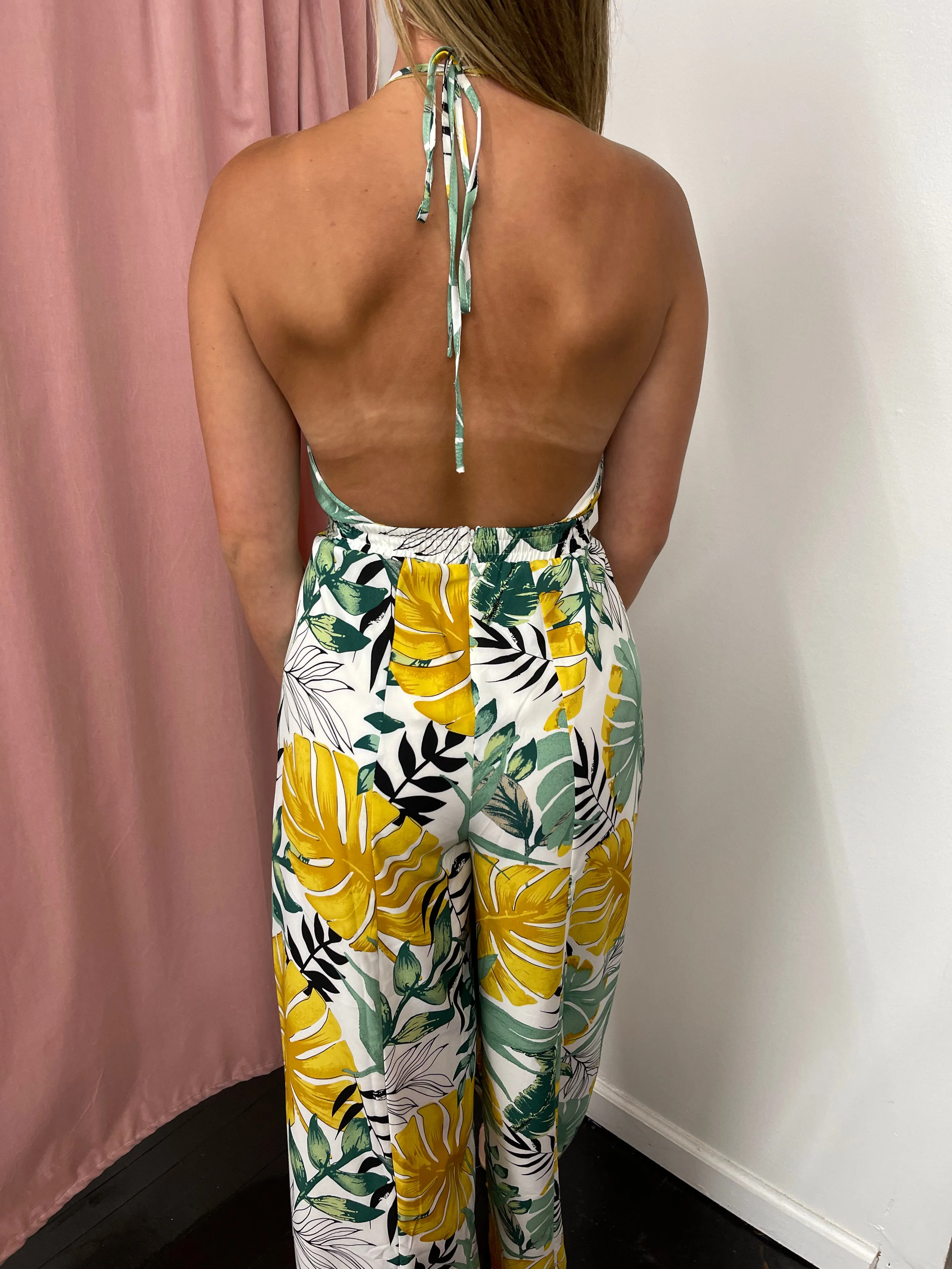 Cabo Tropical Print Halter Jumpsuit- Off White