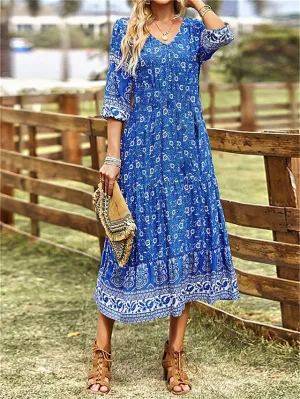 Casual Dress Ethnic Dress A Line Dress Floral Paisley Lace up Button V Neck Midi Dress Vintage Ethnic Outdoor Date 3/4 Length Sleeve Loose Fit Blue Green Summer Spring S M L XL for Women