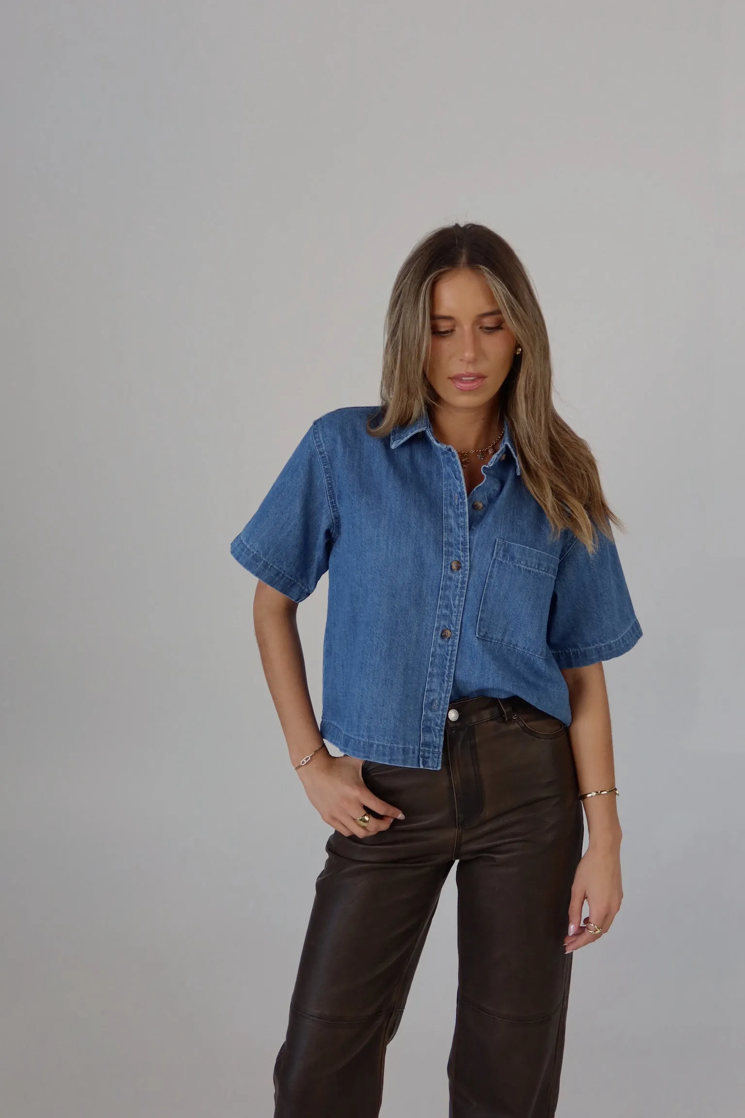 Classic Denim Button-Up Short Sleeve Shirt