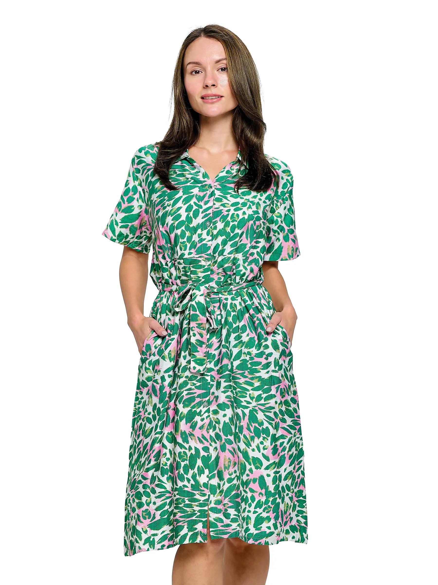 Dress Floral Boho Button Up Belted Dress
