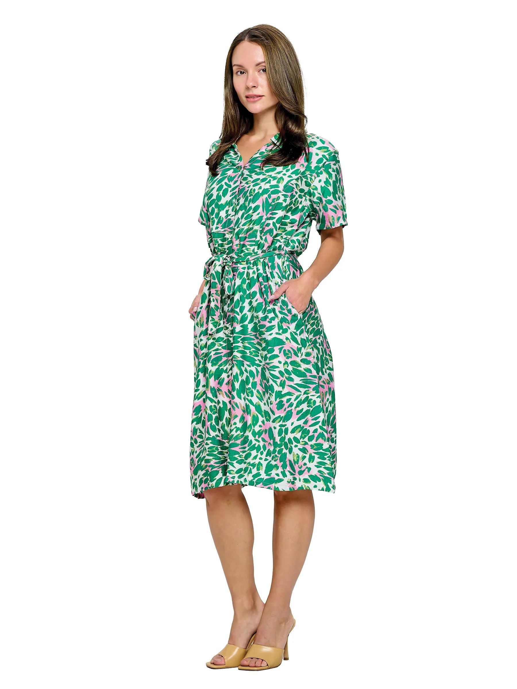Dress Floral Boho Button Up Belted Dress
