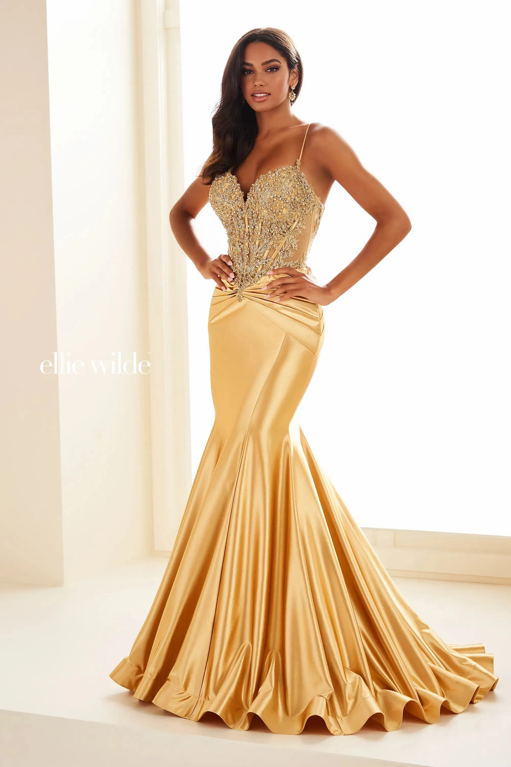 Ellie Wilde EW36004 Size 00 Rose Gold Sheer Sequin Lace Mermaid Prom Dress Pageant Gown Train Formal evening gown