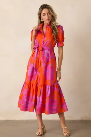 Free To Fly Cotton Orange Floral Button Front Midi Dress