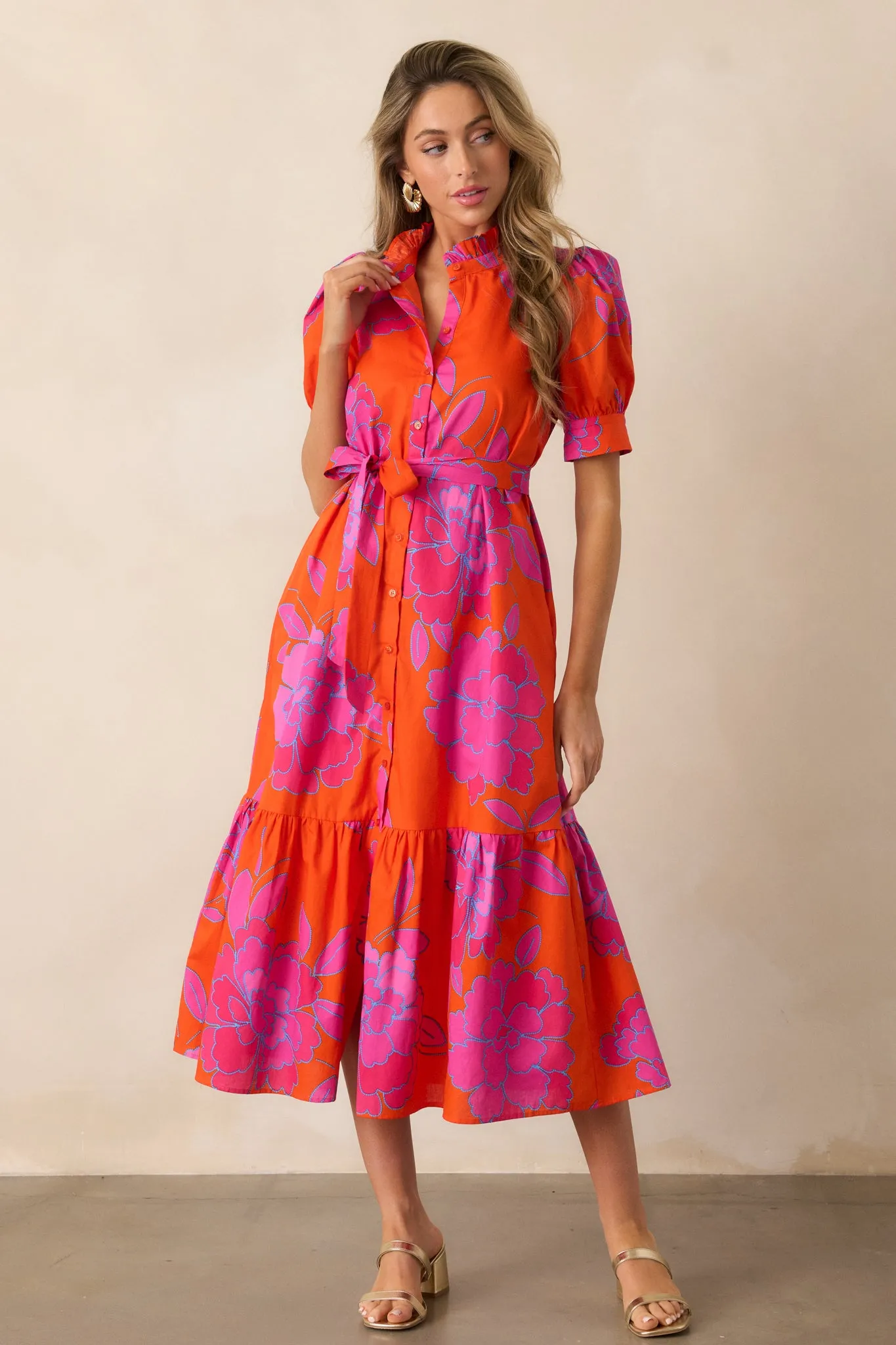 Free To Fly Cotton Orange Floral Button Front Midi Dress