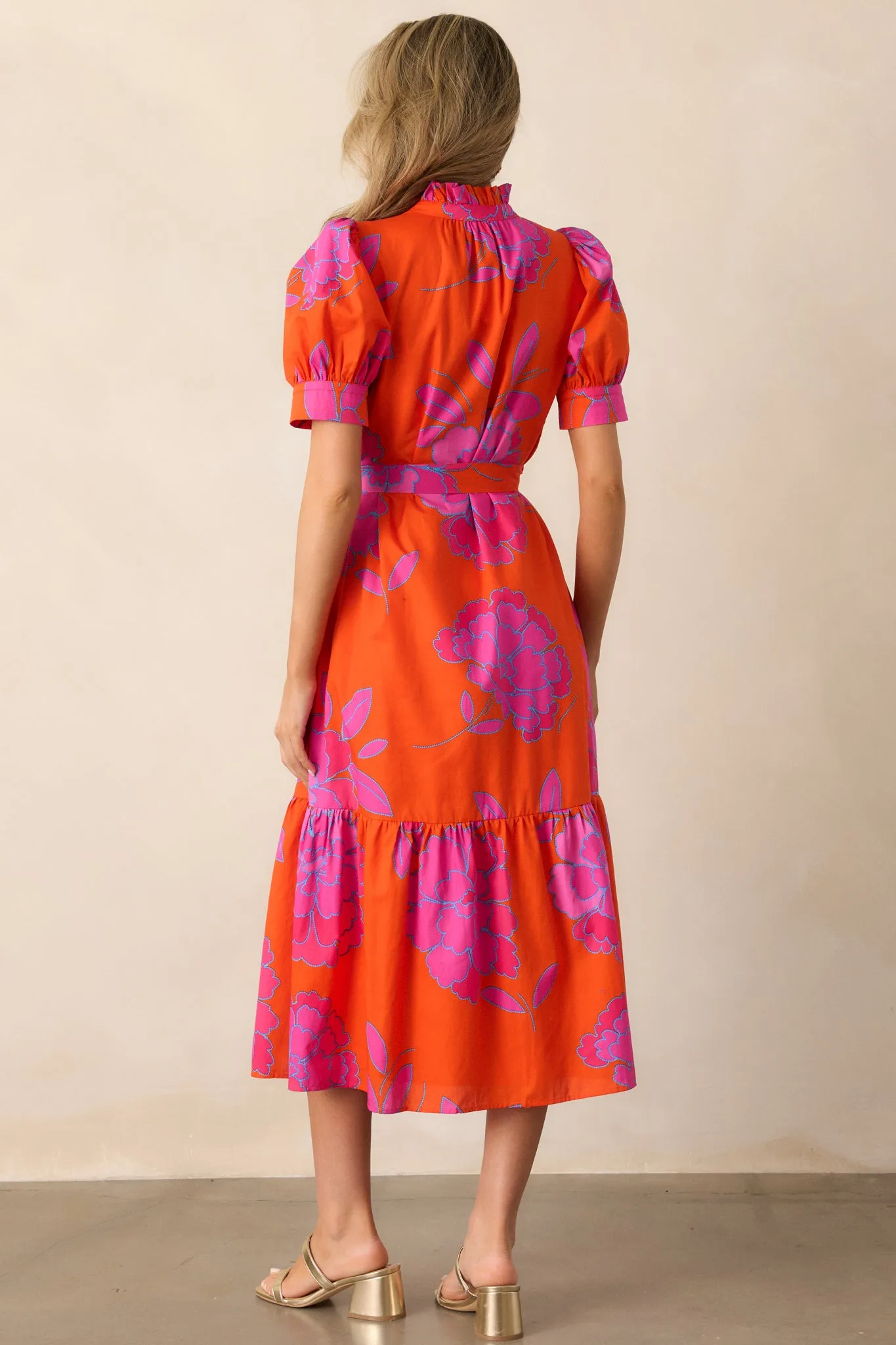 Free To Fly Cotton Orange Floral Button Front Midi Dress