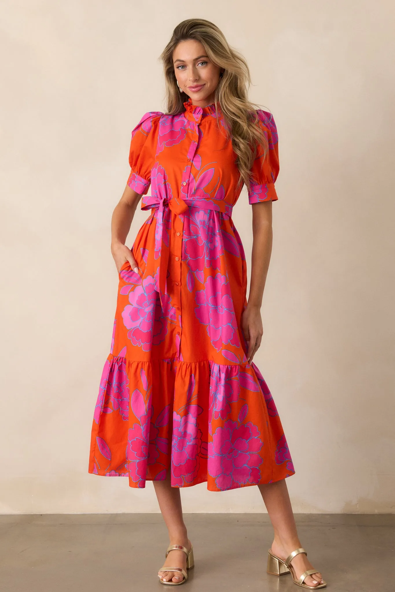 Free To Fly Cotton Orange Floral Button Front Midi Dress