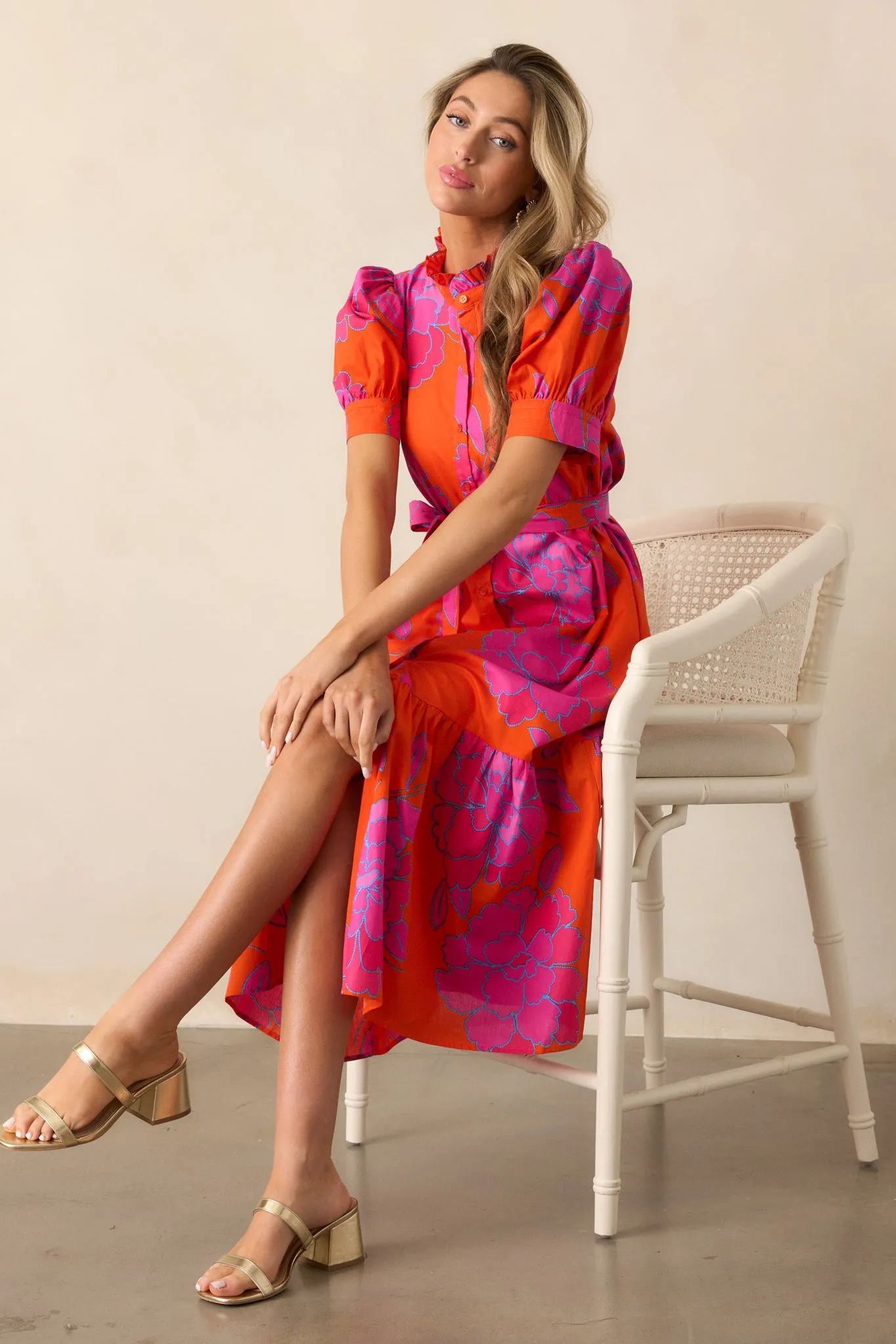 Free To Fly Cotton Orange Floral Button Front Midi Dress