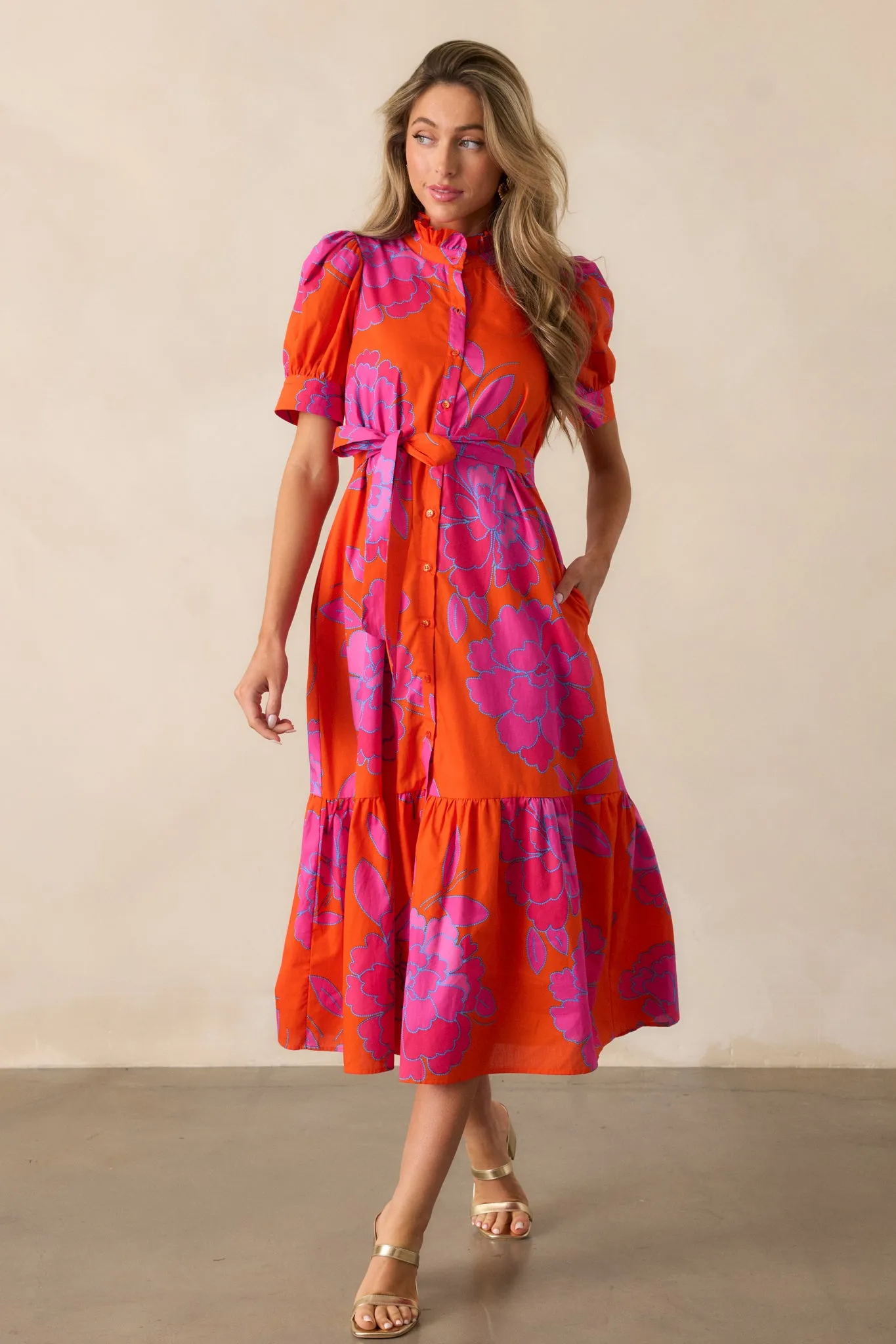 Free To Fly Cotton Orange Floral Button Front Midi Dress