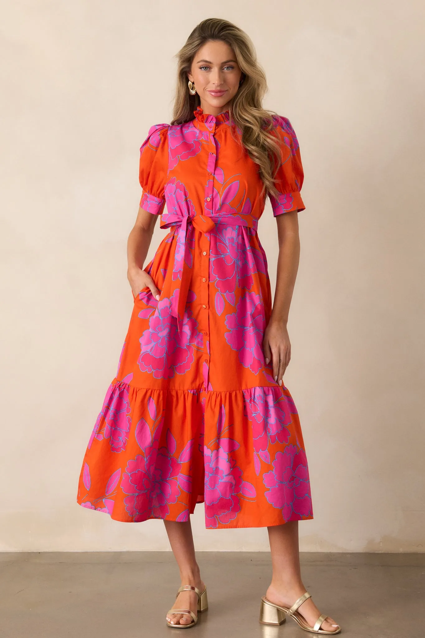 Free To Fly Cotton Orange Floral Button Front Midi Dress