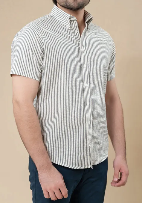 Grey White Seersucker Stripes Shirt - Half Sleeves