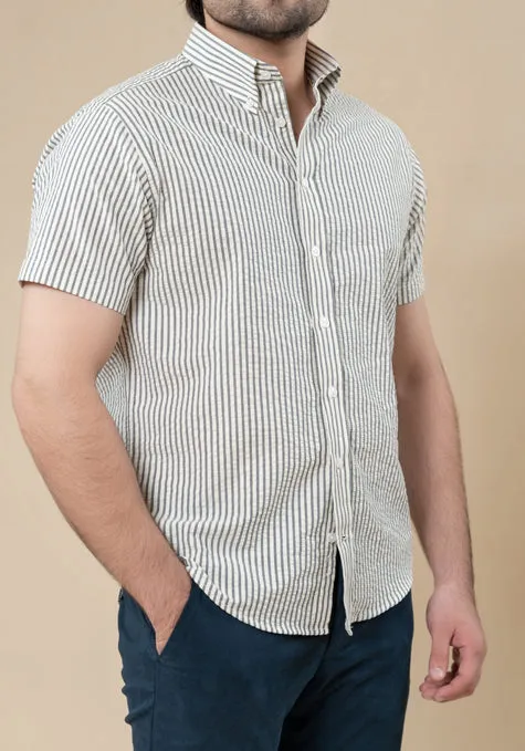 Grey White Seersucker Stripes Shirt - Half Sleeves