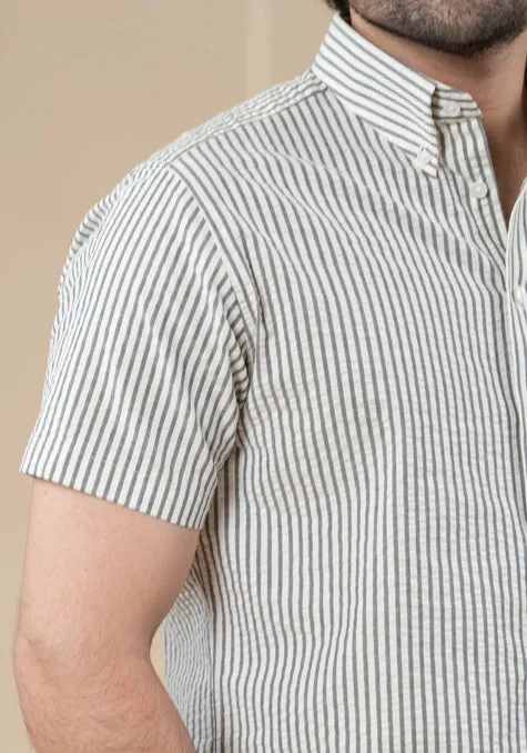Grey White Seersucker Stripes Shirt - Half Sleeves