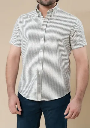 Grey White Seersucker Stripes Shirt - Half Sleeves