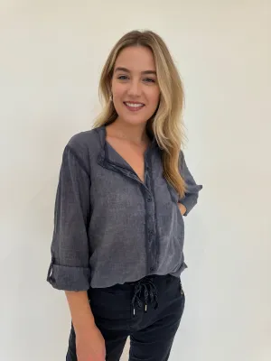 Heidi Solid Button Down Cotton Shirt - Navy