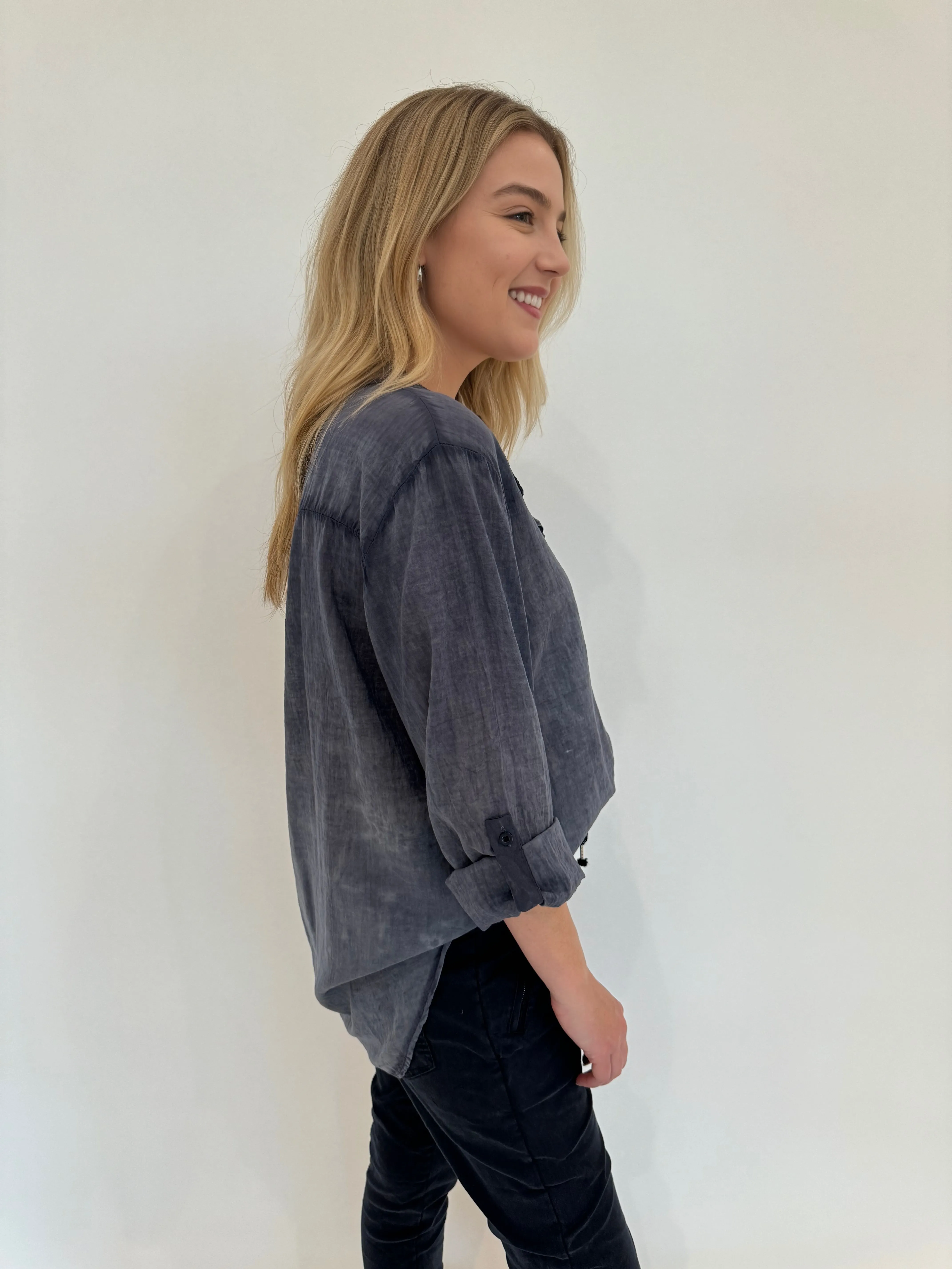 Heidi Solid Button Down Cotton Shirt - Navy