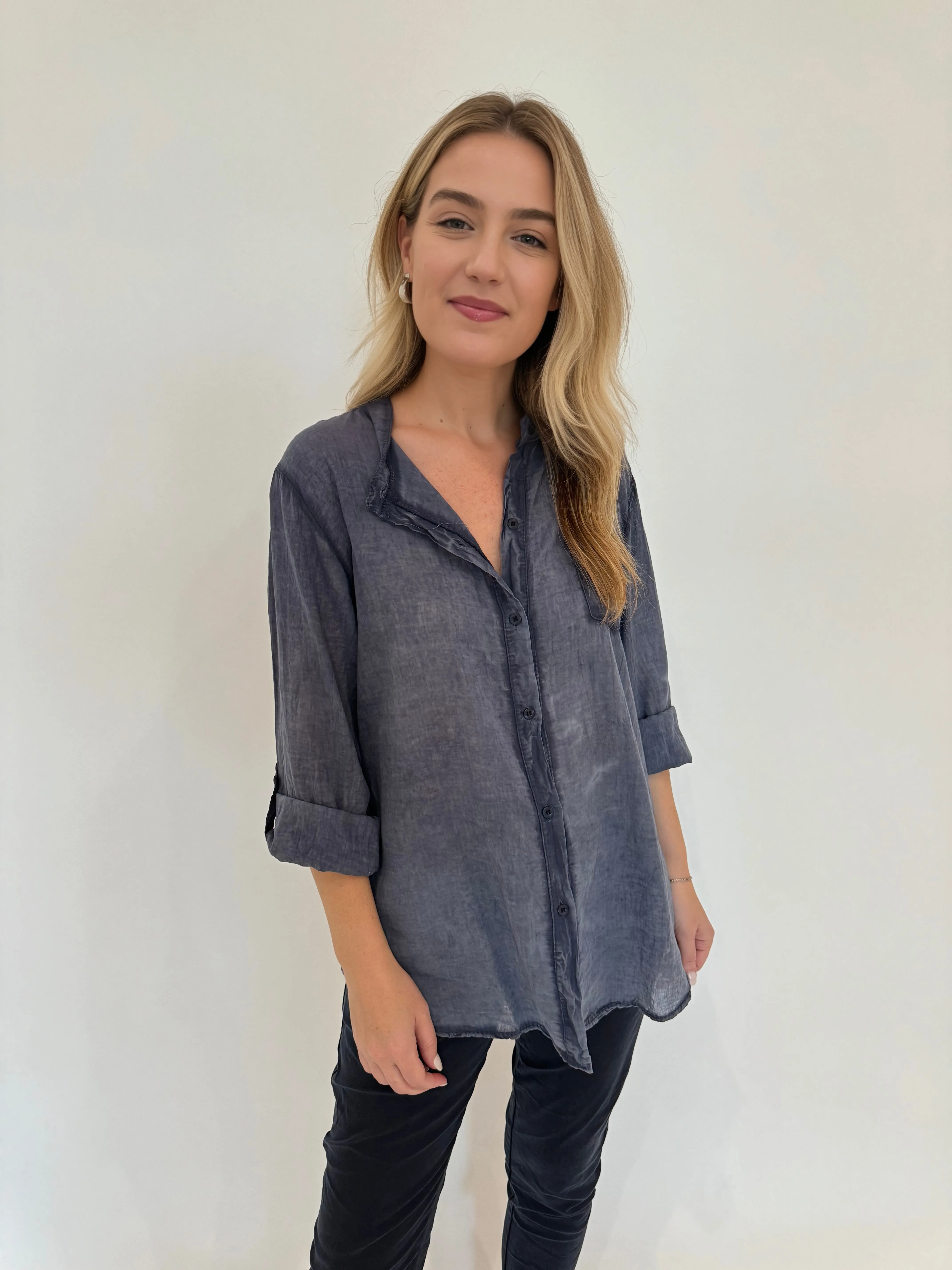 Heidi Solid Button Down Cotton Shirt - Navy