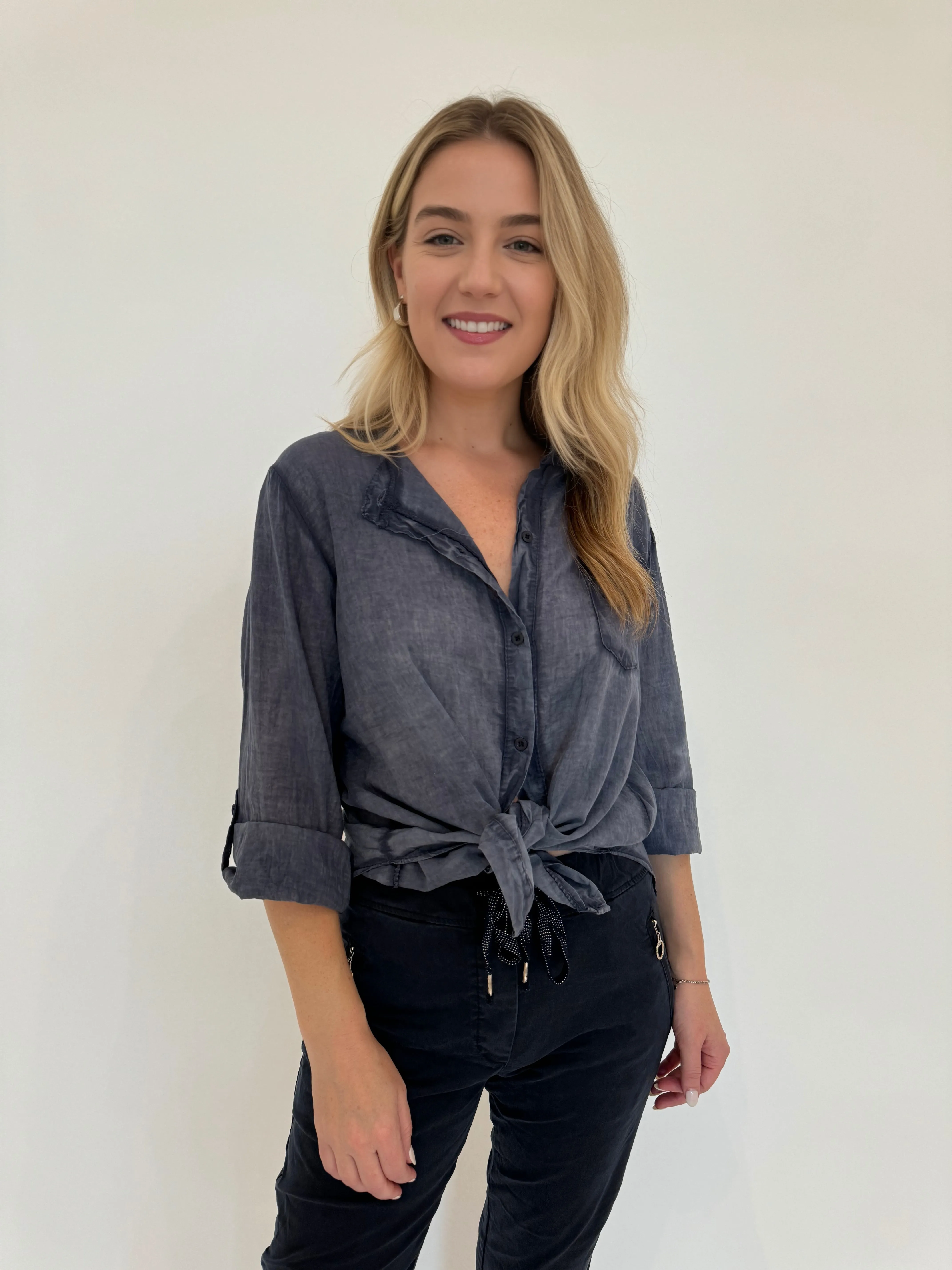 Heidi Solid Button Down Cotton Shirt - Navy