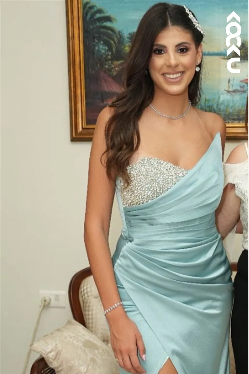 L1877 - V-Neck Strapless Beaded Ruched Sheath Long Evening Dress With Slit