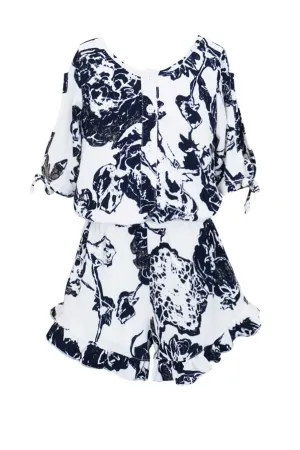 Little Girls Button Front Elbow Sleeve Floral Print Romper