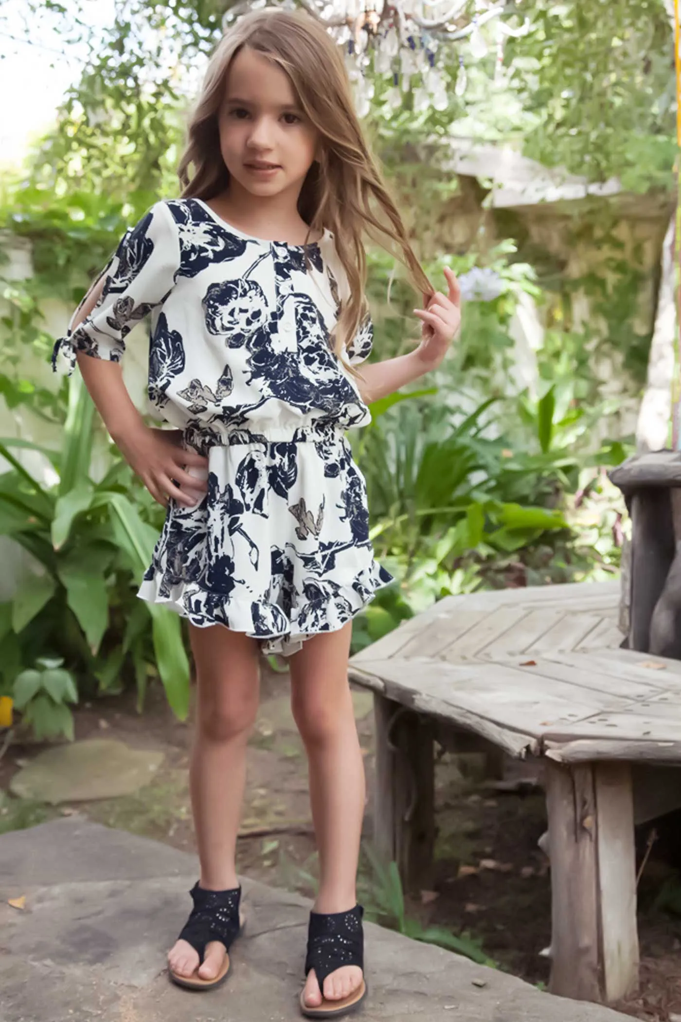 Little Girls Button Front Elbow Sleeve Floral Print Romper