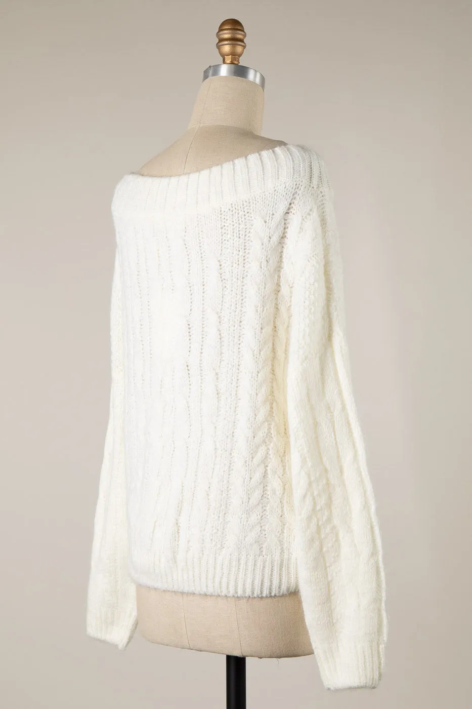 LONG SLEEVE BOAT NECK RIBBED TRIM BRAID CABLE KNIT SWEATER 1 PACK