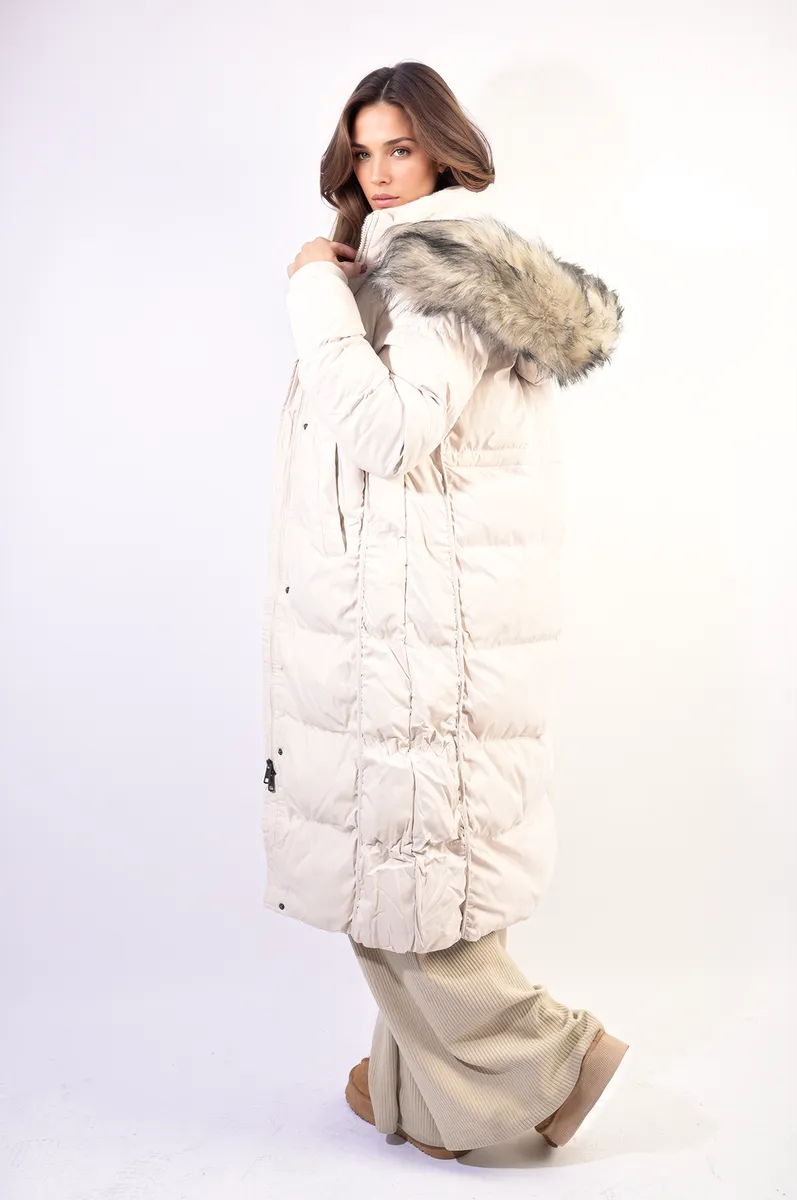 Longline Faux Fur Hooded Puffer Jacket for Women