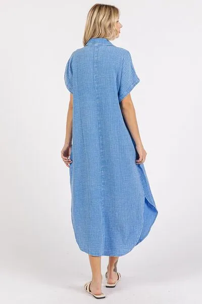 Mittoshop Mineral Wash V Neck Button Up Midi Shirt Dress