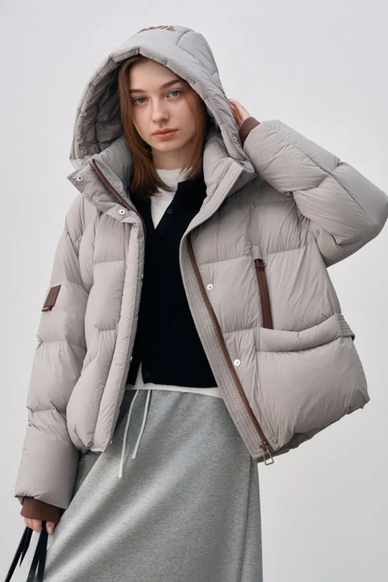 Oversized Hooded Down Puffer Jacket with Front Zip Detail