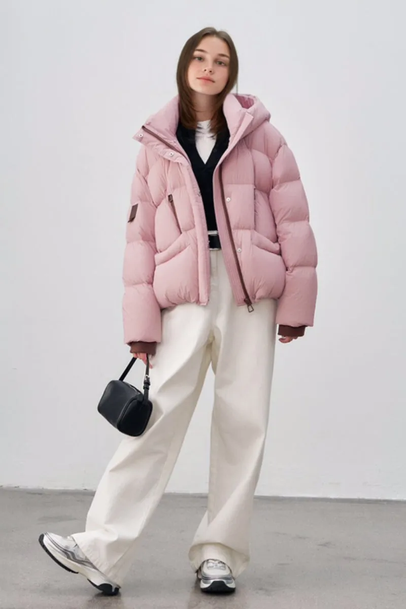 Oversized Hooded Down Puffer Jacket with Front Zip Detail