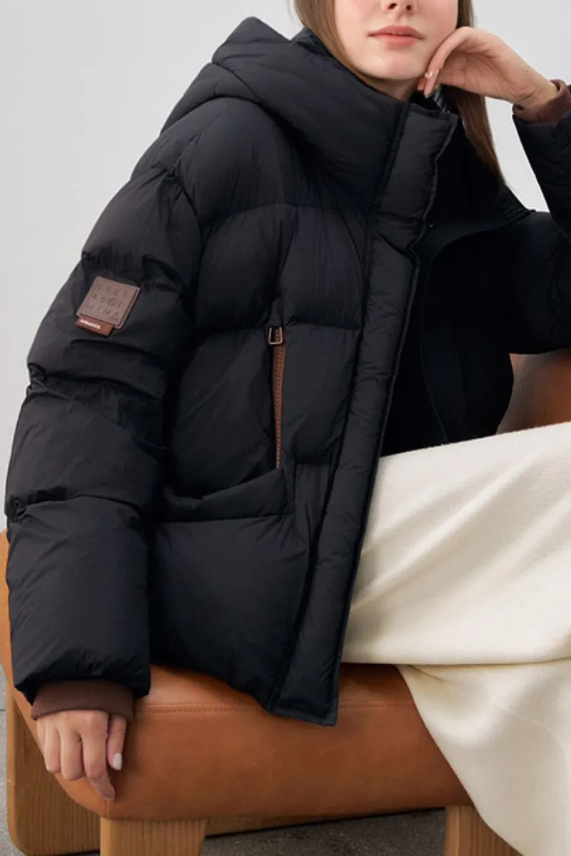 Oversized Hooded Down Puffer Jacket with Front Zip Detail
