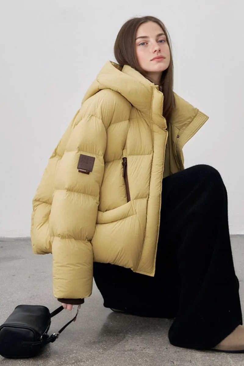 Oversized Hooded Down Puffer Jacket with Front Zip Detail