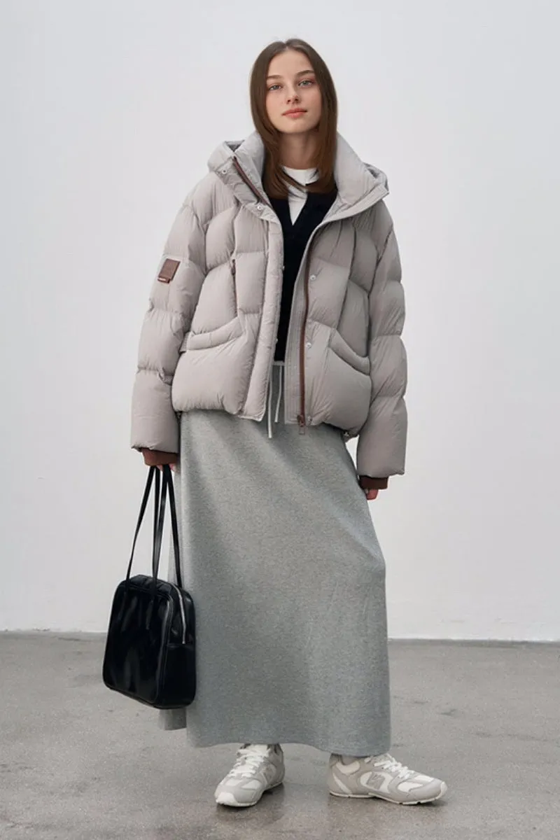 Oversized Hooded Down Puffer Jacket with Front Zip Detail