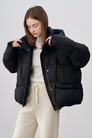 Oversized Hooded Down Puffer Jacket with Front Zip Detail