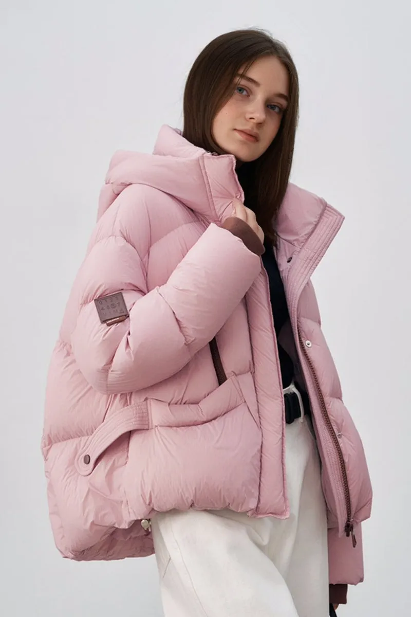 Oversized Hooded Down Puffer Jacket with Front Zip Detail