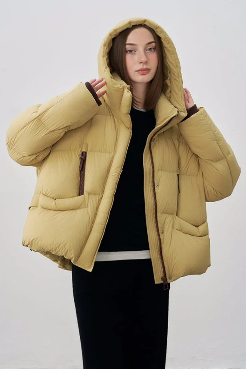 Oversized Hooded Down Puffer Jacket with Front Zip Detail