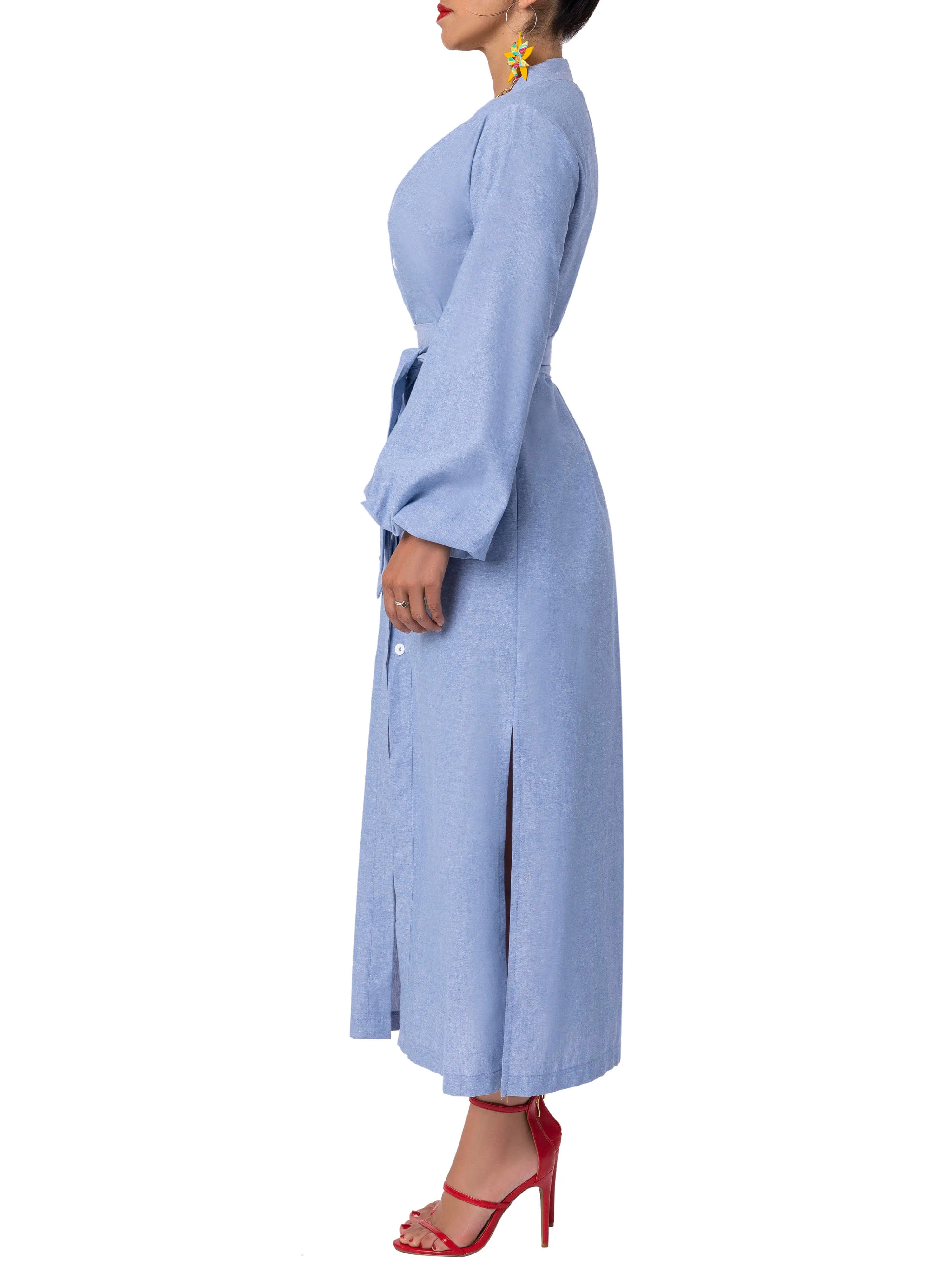 "Aqua" Chambray Midi Button-Down Shirtdress