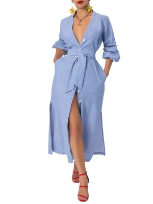 "Aqua" Chambray Midi Button-Down Shirtdress
