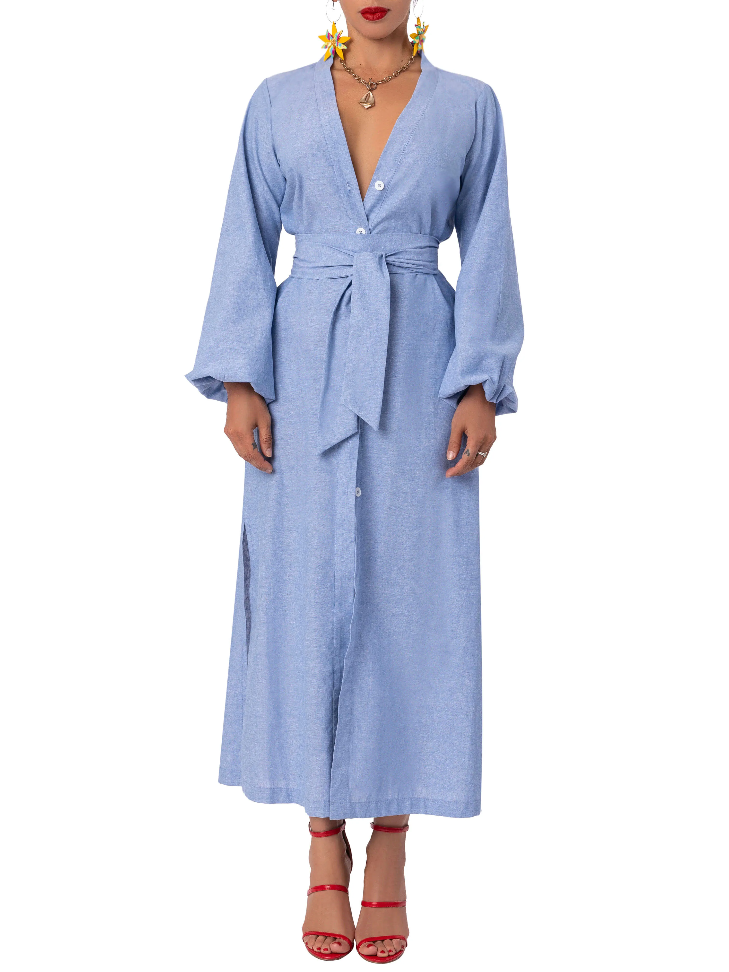 "Aqua" Chambray Midi Button-Down Shirtdress