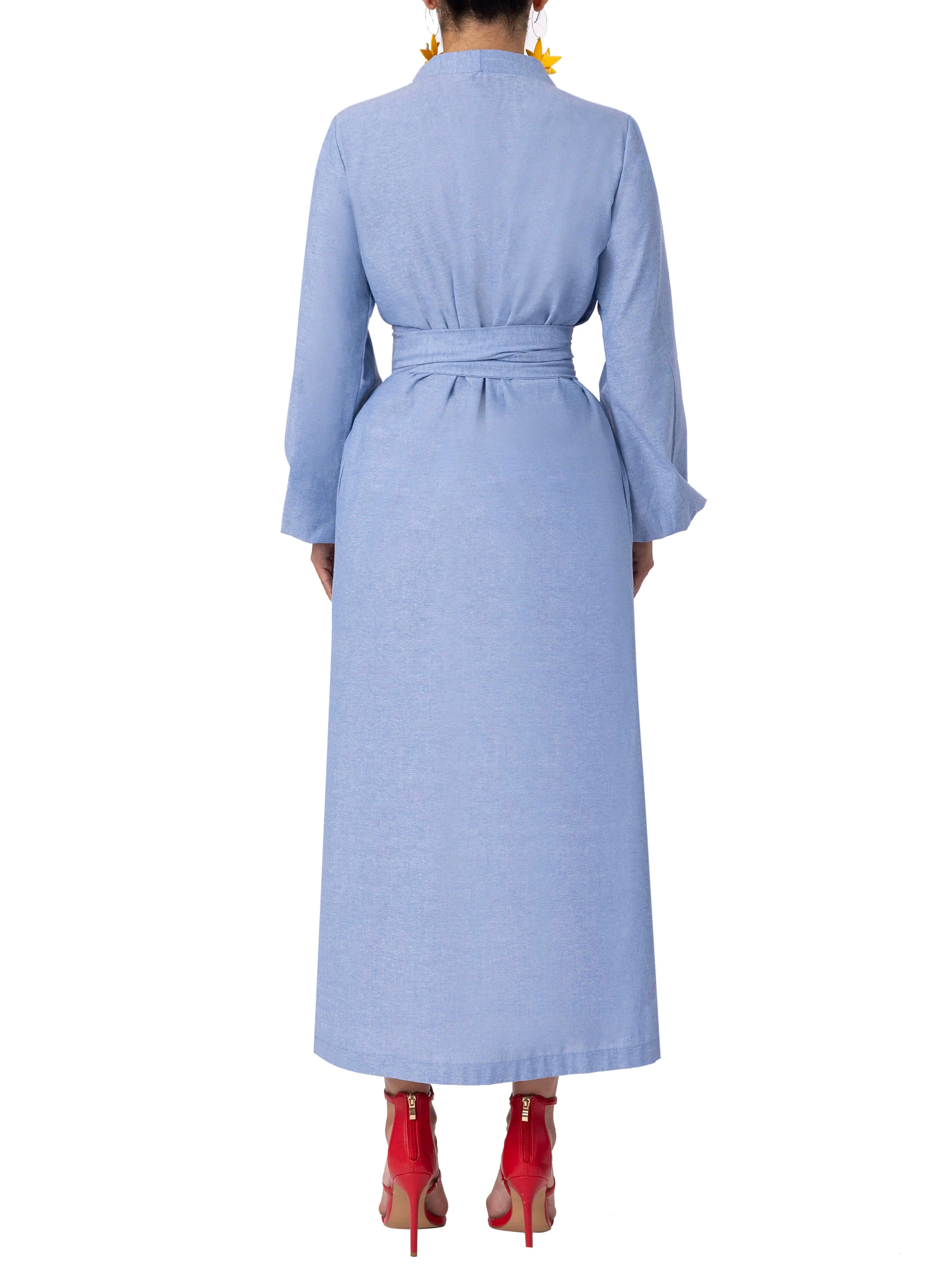 "Aqua" Chambray Midi Button-Down Shirtdress