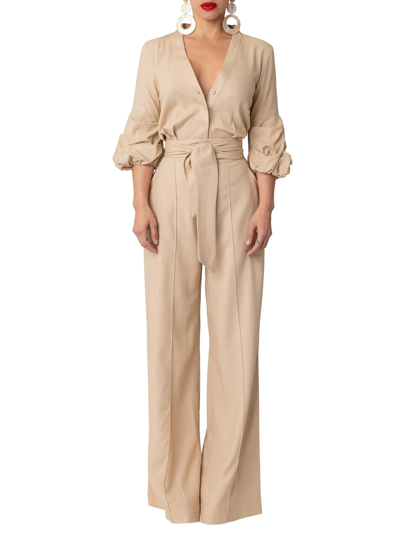 "Sint Maarten" Tan Button-Down Jumpsuit
