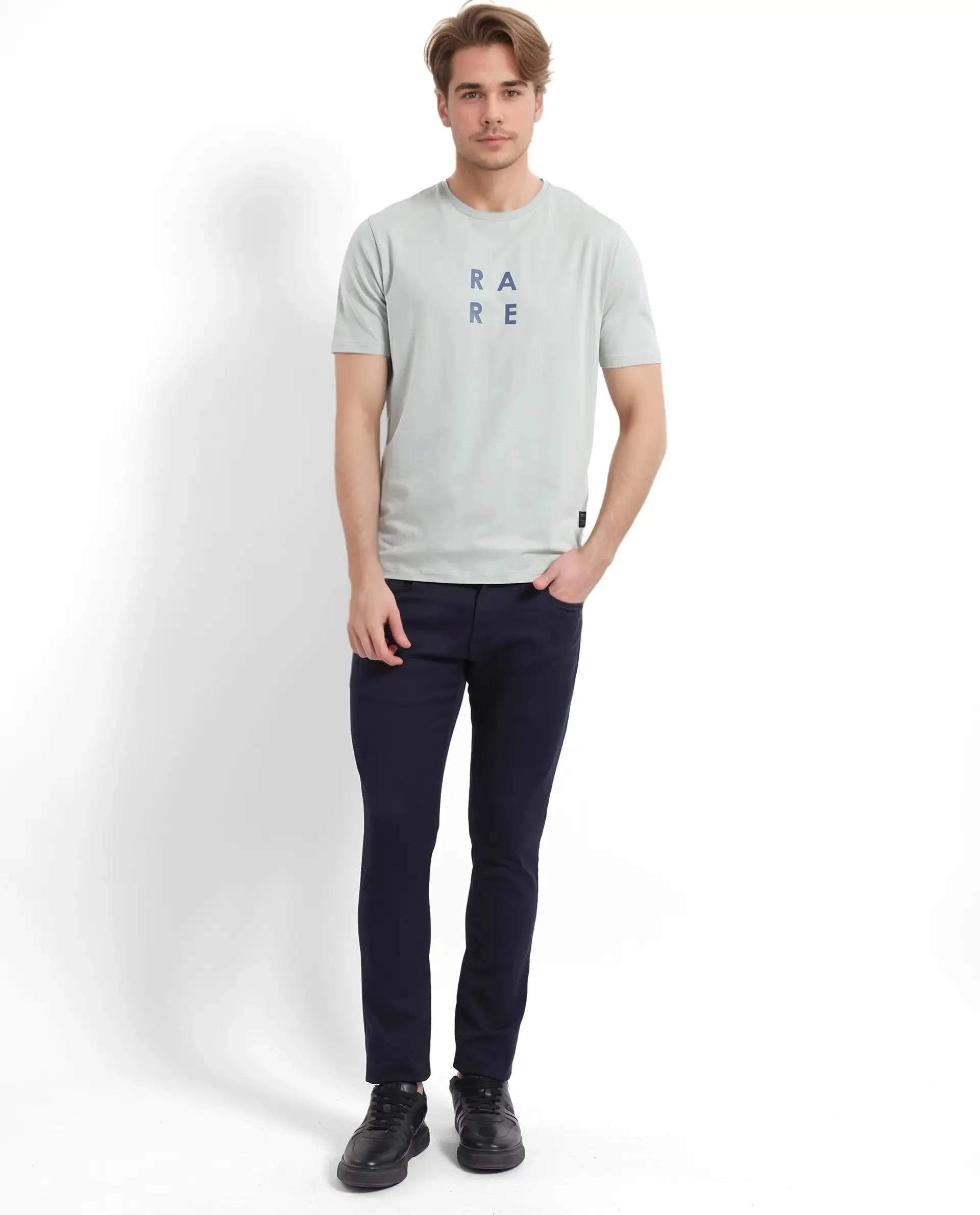 Rare Rabbit Men's Lalyy Pastel Green Cotton Blend Fabric Short Sleeve Crew Neck T-Shirt
