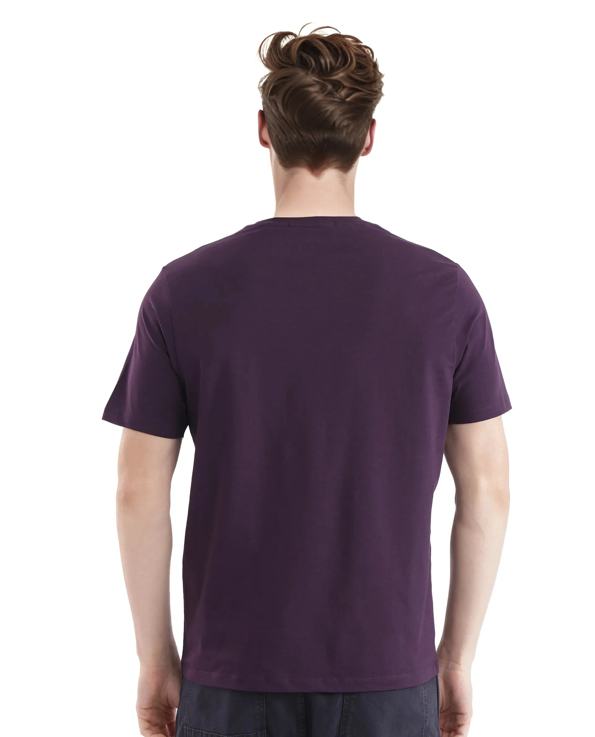 Rare Rabbit Men's Neilo-1 Dark Purple Cotton Lycra Fabric Short Sleeve Crew Neck Graphic Print T-Shirt