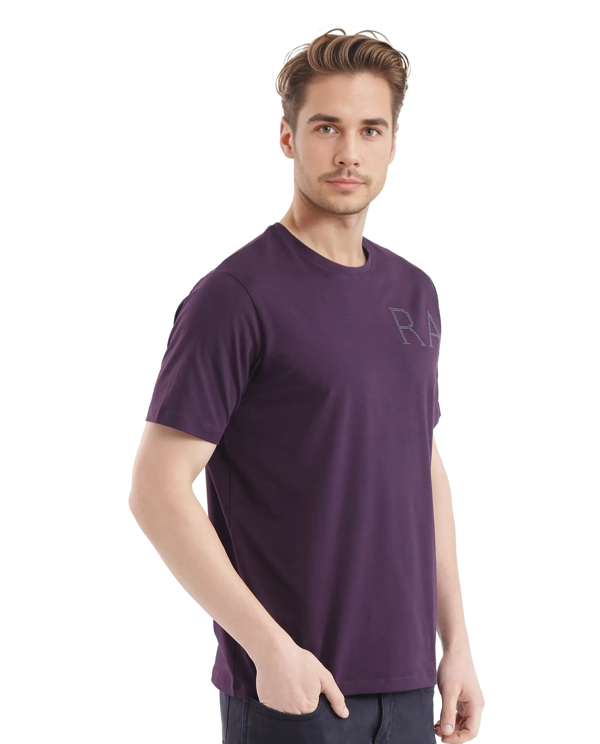 Rare Rabbit Men's Neilo-1 Dark Purple Cotton Lycra Fabric Short Sleeve Crew Neck Graphic Print T-Shirt